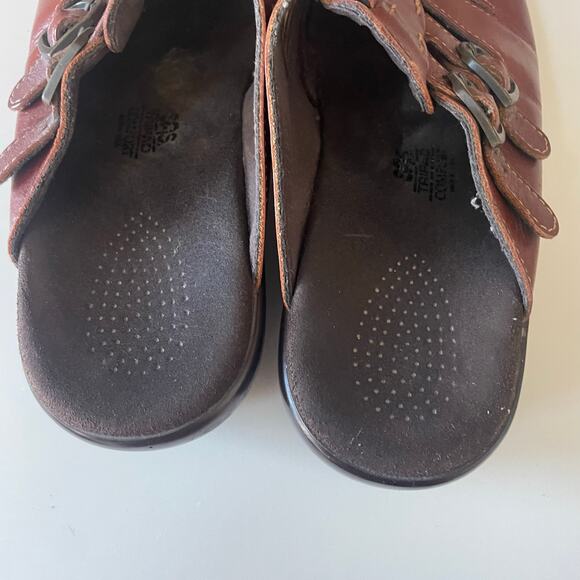 SAS Tango Slide Wedge Sandal Size 9.5 Brown Leather Comfort Slip On Peep Toe - Picture 3 of 7